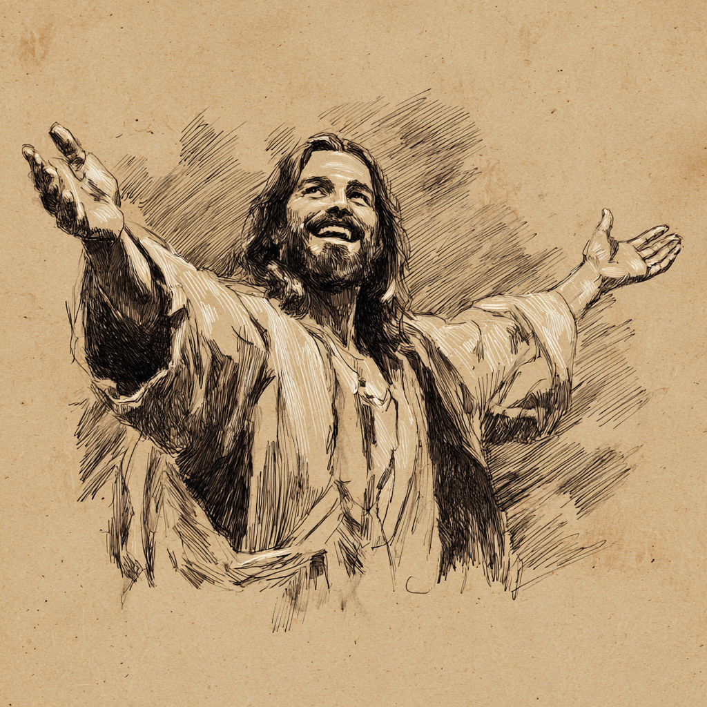 in a 1950s pulp style illustration depict Jesus smiling with ff48d748 d0c0 48d8 ab00 4e269defddc4 3