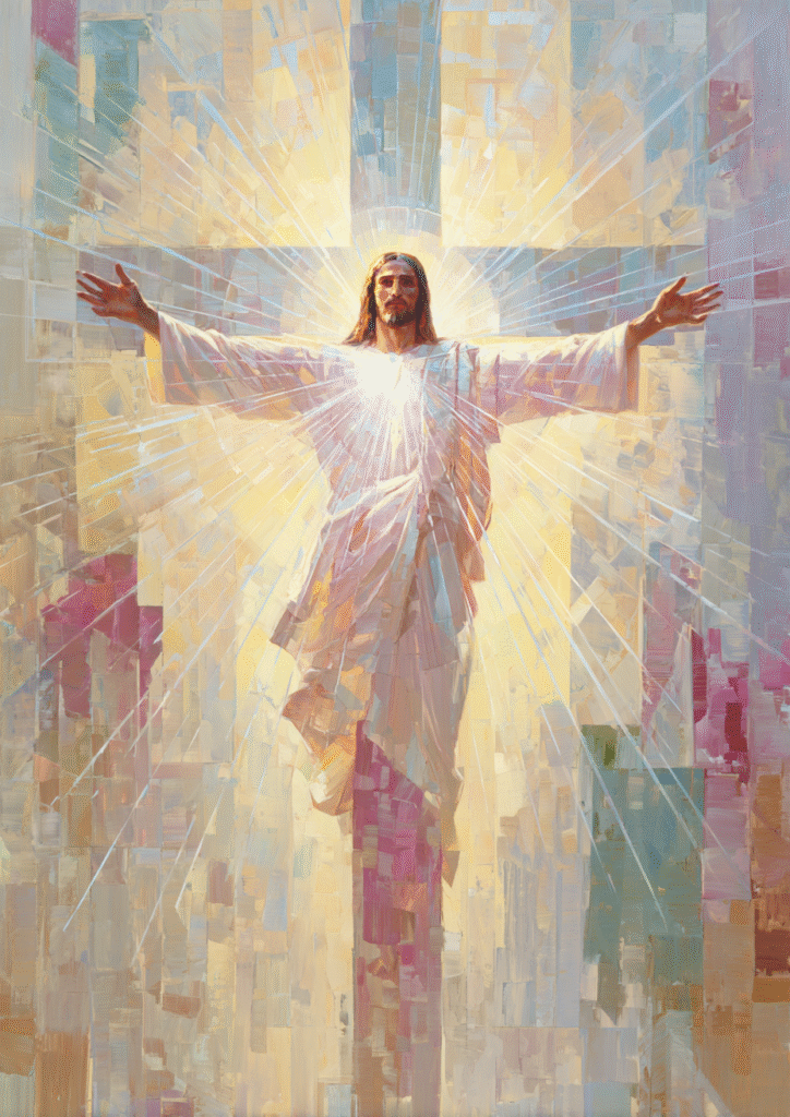 jesus holding the cross with white light radiating from his h 86f97494 d11f 47f7 b069 f934b858309b 1