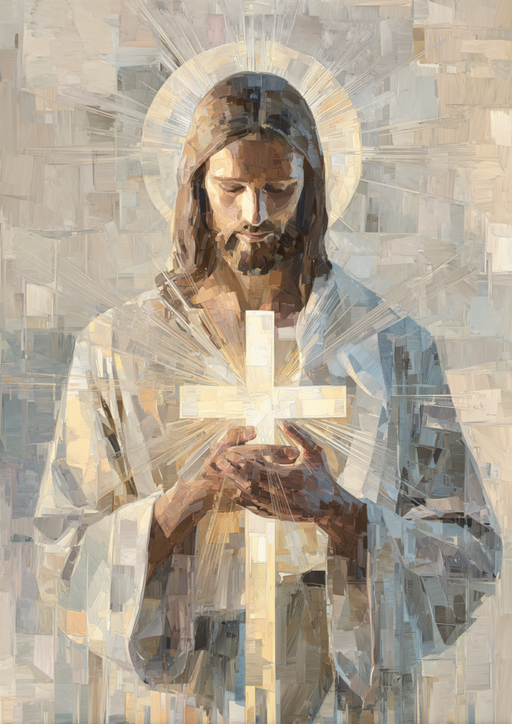 jesus holding the cross with white light radiating from his h 86f97494 d11f 47f7 b069 f934b858309b 3