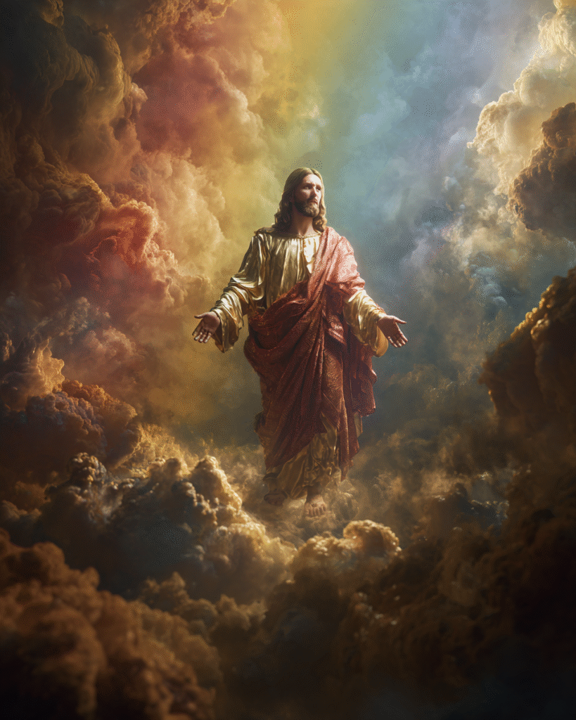 jesus in the heavenly cloud bright rainbow hyperrealistic ful 4cd8f761 8a9a 49cb a318 d856ca410462 2