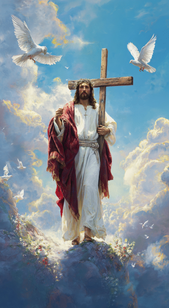 jesus with cross clouds and doves in the background photoreal 9f152d0e 2f8f 4956 a46e aedebc5189d7 0