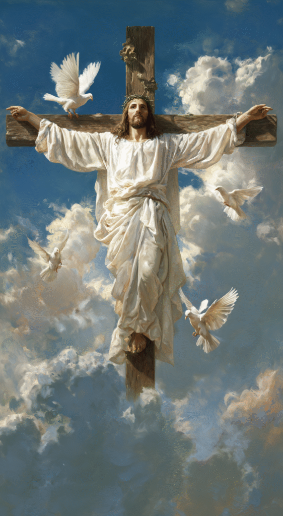 jesus with cross clouds and doves in the background photoreal 9f152d0e 2f8f 4956 a46e aedebc5189d7 1