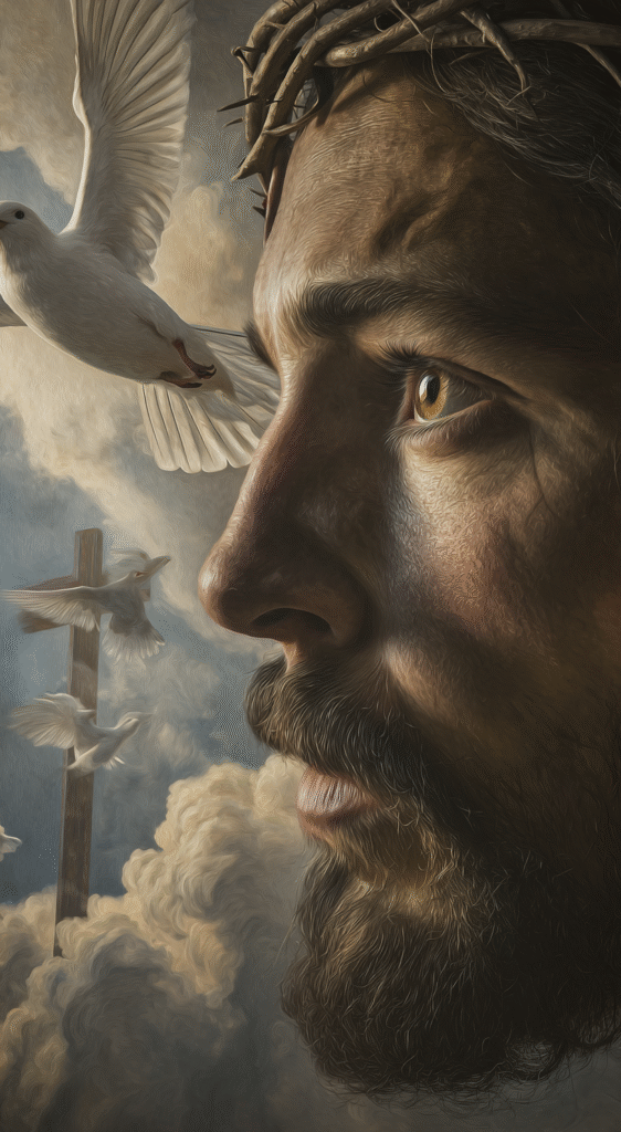 jesus with cross clouds and doves in the background photoreal 9f152d0e 2f8f 4956 a46e aedebc5189d7 2