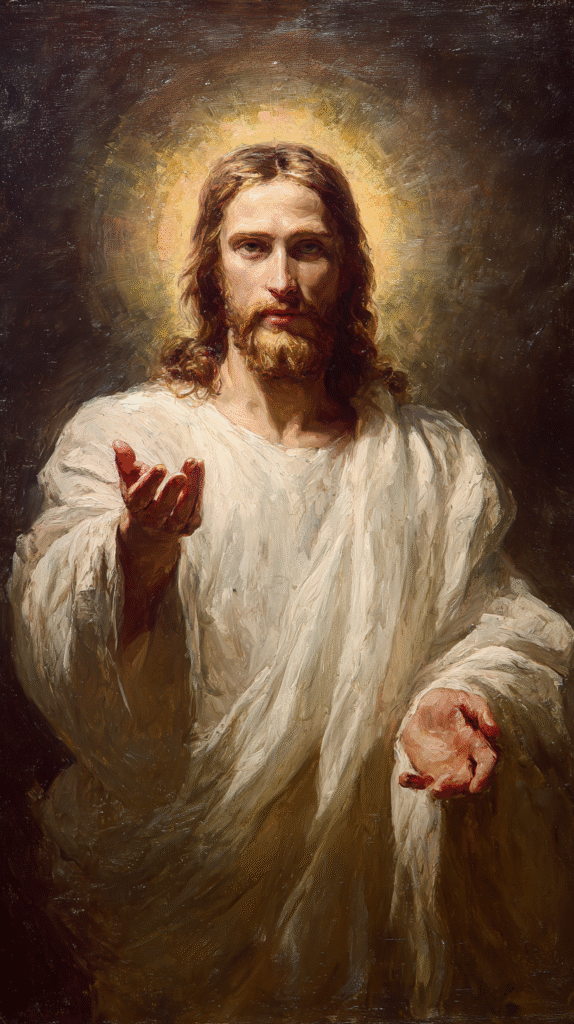 oil painting style handsome Jesus Christ upper body shot left 08f073e6 db2e 4b50 acda 2ce1aad75bf7 0