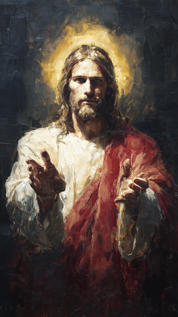 oil painting style handsome Jesus Christ upper body shot left 08f073e6 db2e 4b50 acda 2ce1aad75bf7 1