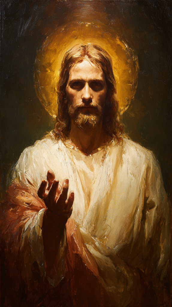 oil painting style handsome Jesus Christ upper body shot left 08f073e6 db2e 4b50 acda 2ce1aad75bf7 2