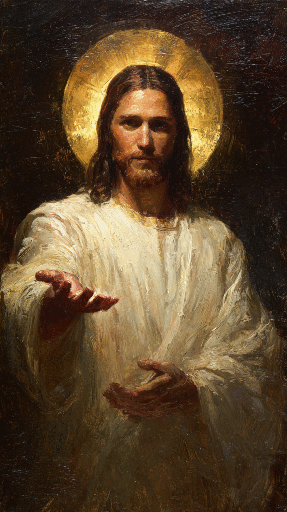 oil painting style handsome Jesus Christ upper body shot left 08f073e6 db2e 4b50 acda 2ce1aad75bf7 3