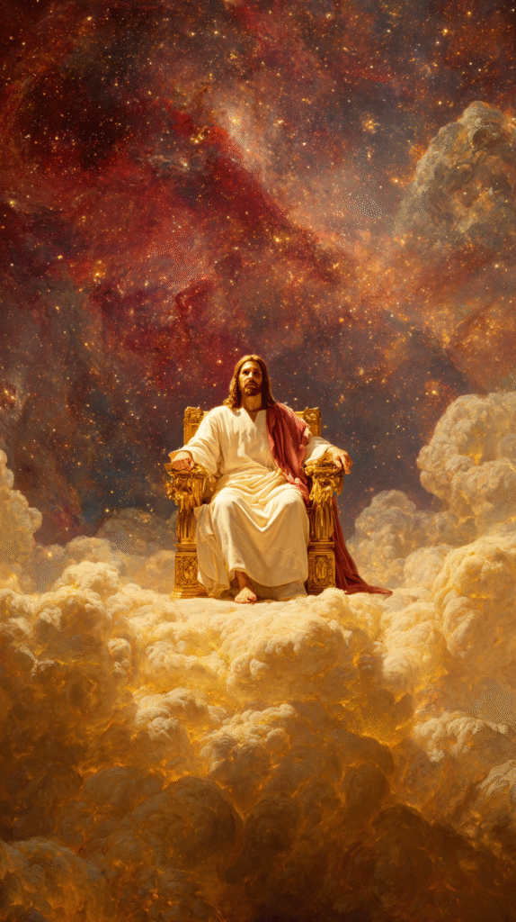 real Jesus seated on a simple golden throne resting on a vast 5794fca2 9319 4347 9e9a b1016fe1bba5 0