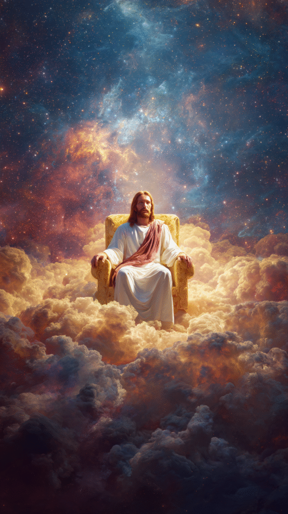 real Jesus seated on a simple golden throne resting on a vast 5794fca2 9319 4347 9e9a b1016fe1bba5 2