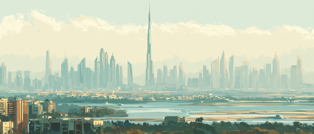 very classic italian impressionist illustration of Dubai with d4f4a8f7 4310 438a 8e31 c77a08a27343 0