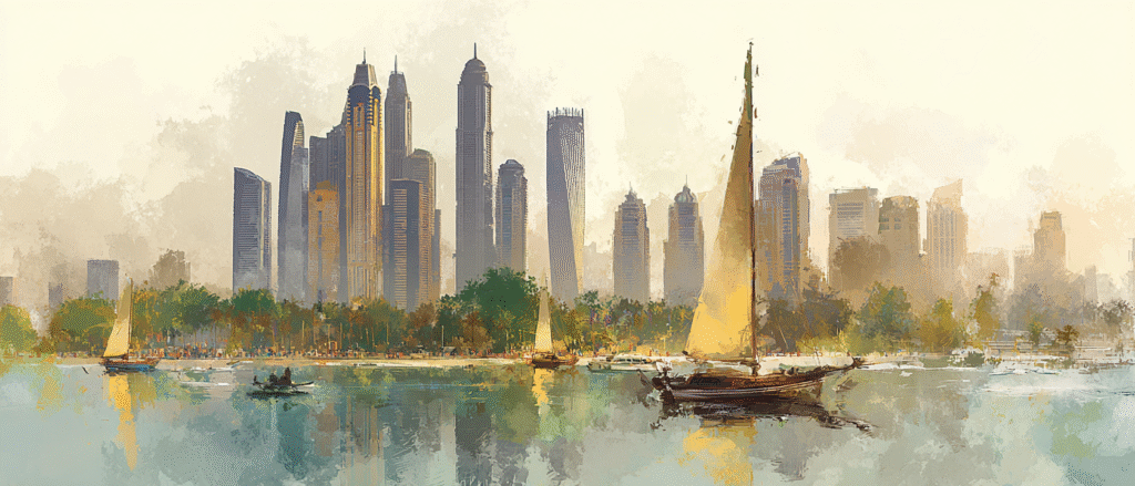 very classic italian impressionist illustration of Dubai with d4f4a8f7 4310 438a 8e31 c77a08a27343 2