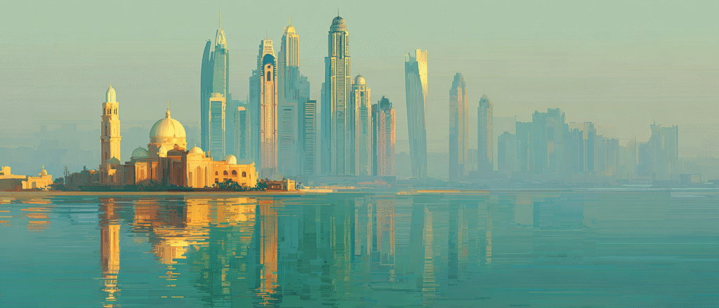 very classic italian impressionist illustration of Dubai with d4f4a8f7 4310 438a 8e31 c77a08a27343 3