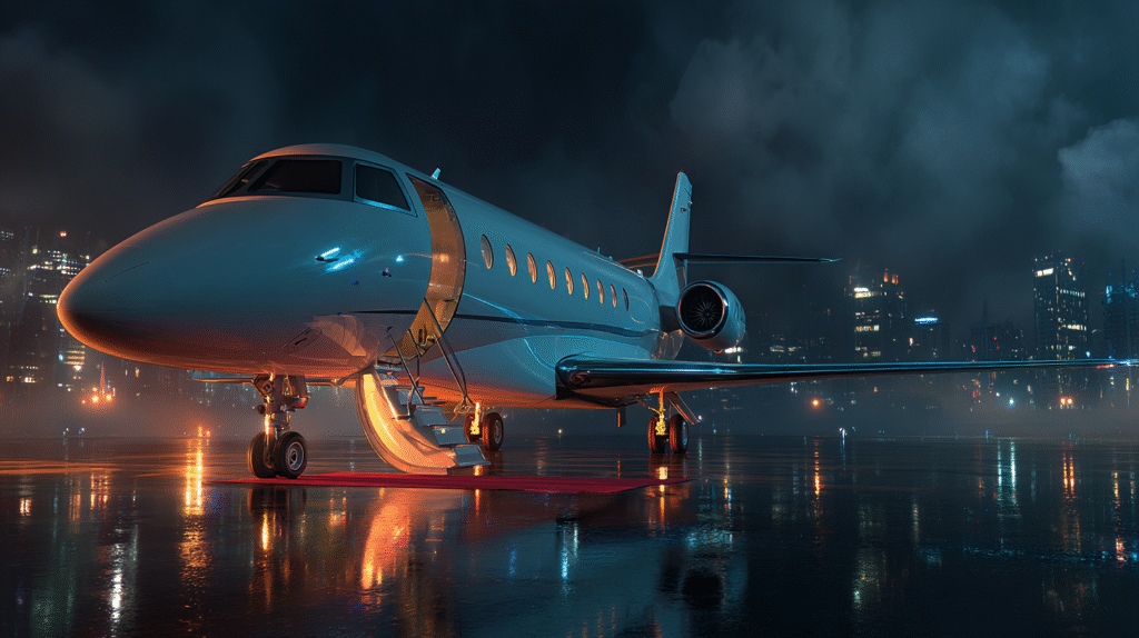 A cinematic shot of a private luxury jet parked on a sleek ta facf3fac 7de2 4479 894c e658b9ee201d 0