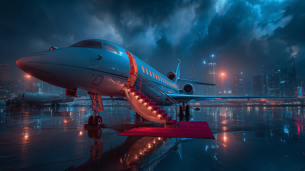 A cinematic shot of a private luxury jet parked on a sleek ta facf3fac 7de2 4479 894c e658b9ee201d 1