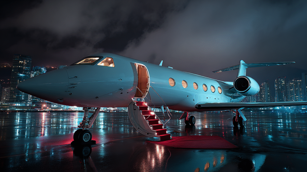 A cinematic shot of a private luxury jet parked on a sleek ta facf3fac 7de2 4479 894c e658b9ee201d 2