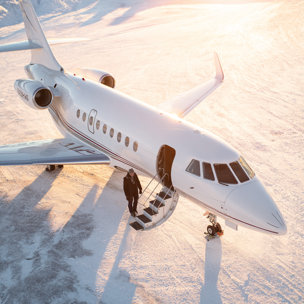 A private jet on the tarmac in the snow with its doors open a acb76cc8 62e4 4c29 ad73 7e77b485df76 1