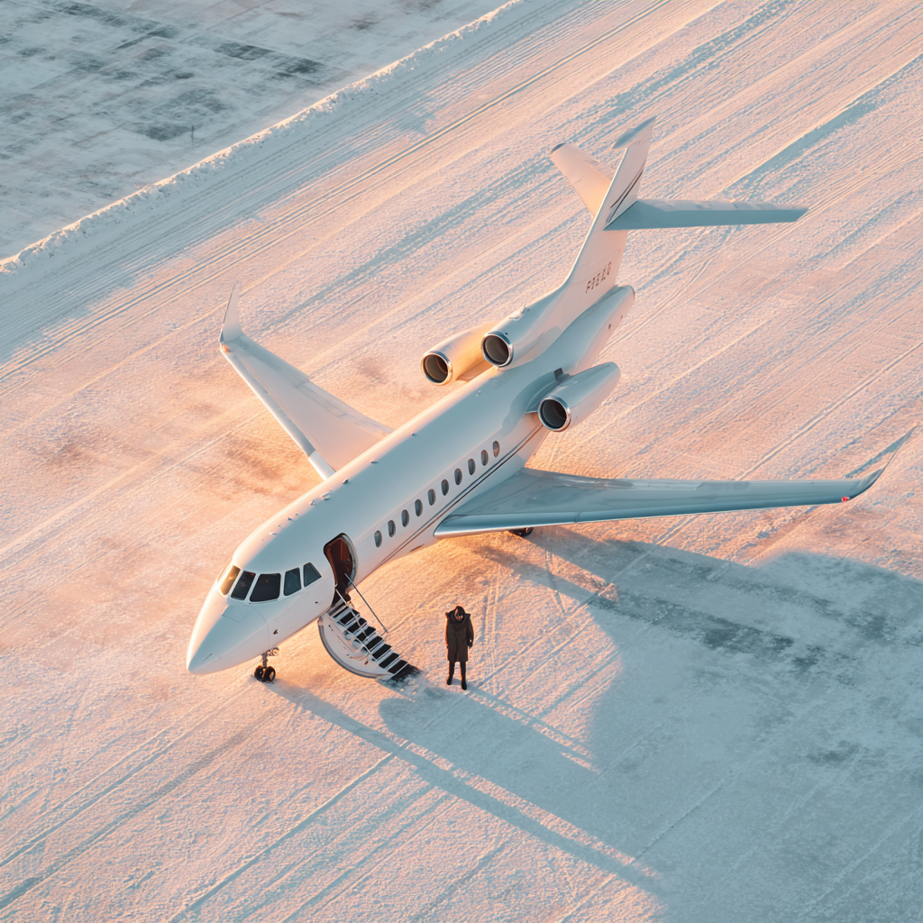 A private jet on the tarmac in the snow with its doors open a acb76cc8 62e4 4c29 ad73 7e77b485df76 3
