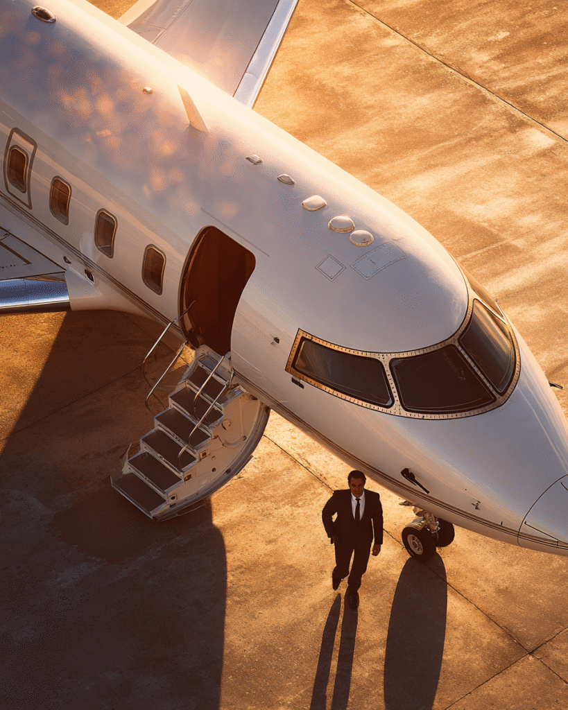 A private jet on the tarmac with its doors open and stairs le eca8f2ed 92e4 4297 9137 f5328dbaa695 0