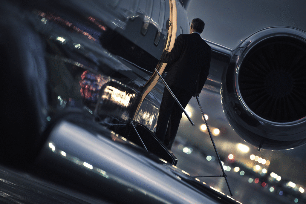 A sharply dressed executive boarding a sleek private jet via fe49358f cbc4 4b1e 8ce5 60d215d8a8d6 0