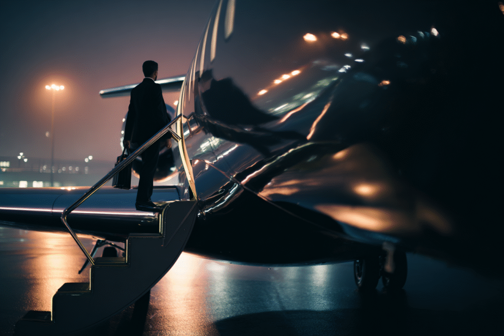 A sharply dressed executive boarding a sleek private jet via fe49358f cbc4 4b1e 8ce5 60d215d8a8d6 1