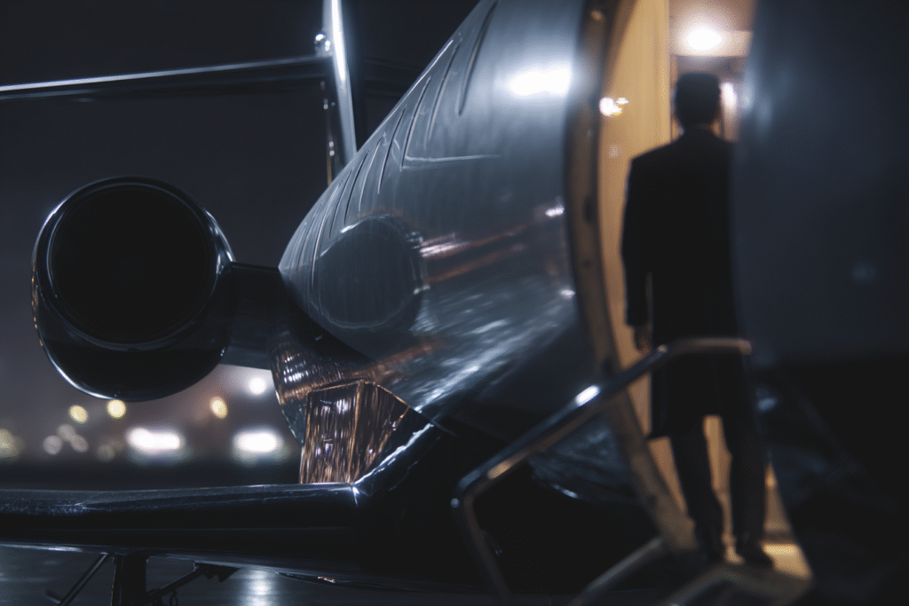 A sharply dressed executive boarding a sleek private jet via fe49358f cbc4 4b1e 8ce5 60d215d8a8d6 2