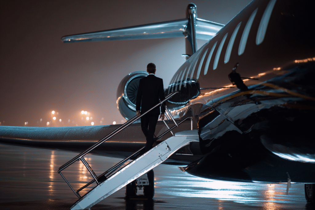 A sharply dressed executive boarding a sleek private jet via fe49358f cbc4 4b1e 8ce5 60d215d8a8d6 3