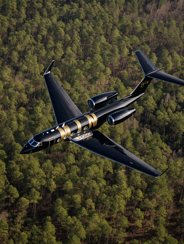 A sleek black Gulfstream jet flying low over the pine coverd 0c5df1fb 7546 4b3d 8fe6 e11cb5cf3892 0