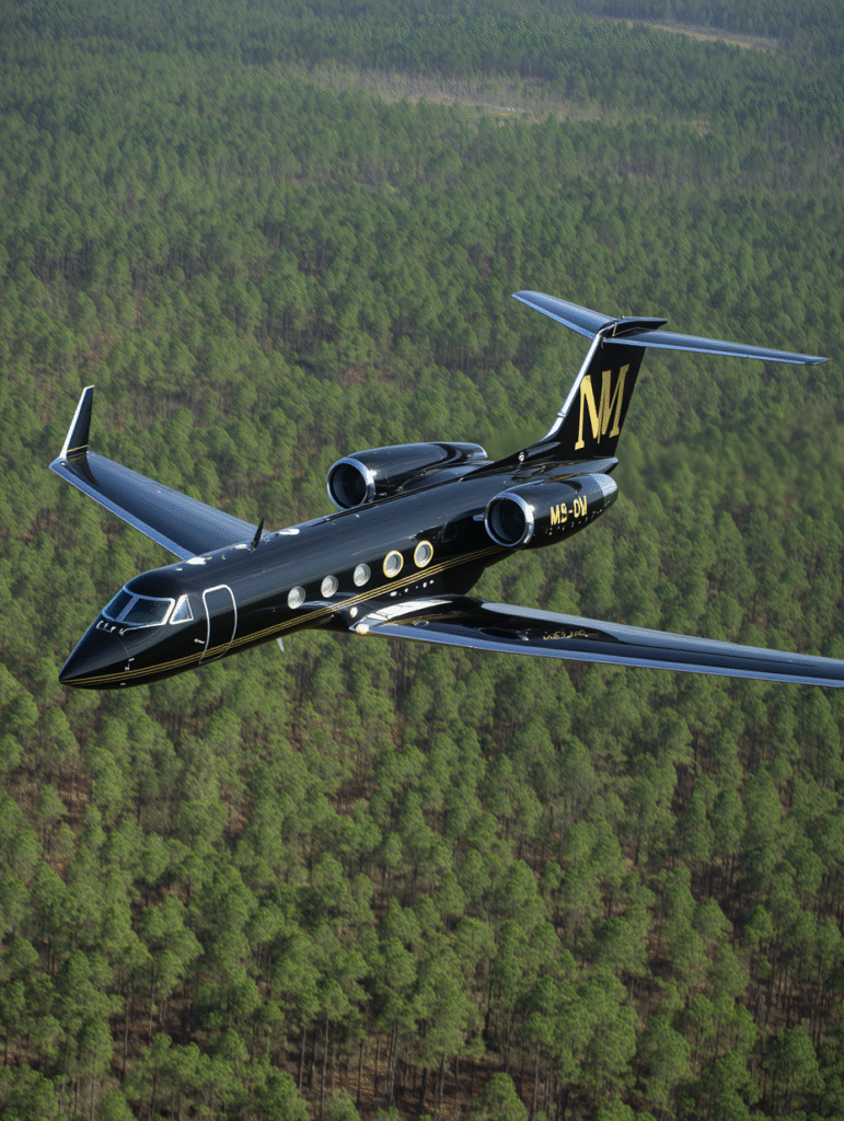 A sleek black Gulfstream jet flying low over the pine coverd 0c5df1fb 7546 4b3d 8fe6 e11cb5cf3892 1