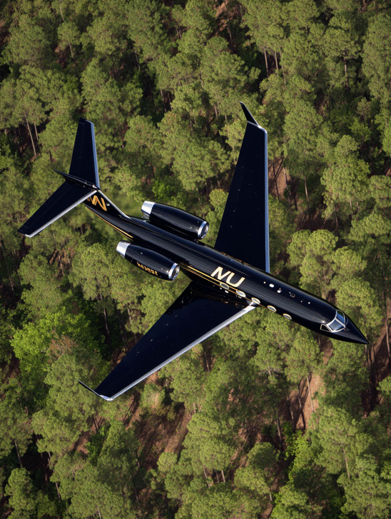A sleek black Gulfstream jet flying low over the pine coverd 0c5df1fb 7546 4b3d 8fe6 e11cb5cf3892 2