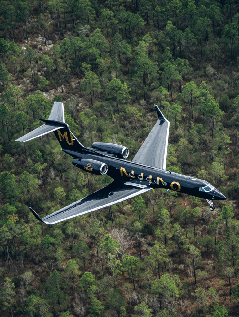 A sleek black Gulfstream jet flying low over the pine coverd 0c5df1fb 7546 4b3d 8fe6 e11cb5cf3892 3