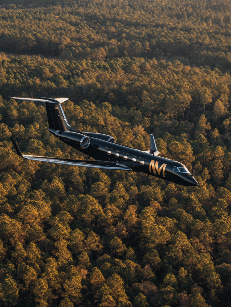 A sleek black Gulfstream jet flying low over the pine coverd d37eb14b 57b4 4650 9035 498f133f03fb 0
