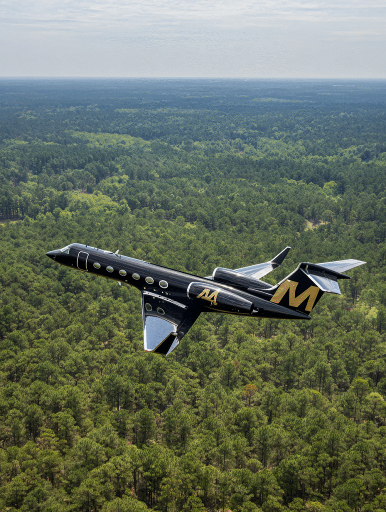 A sleek black Gulfstream jet flying low over the pine coverd d37eb14b 57b4 4650 9035 498f133f03fb 2