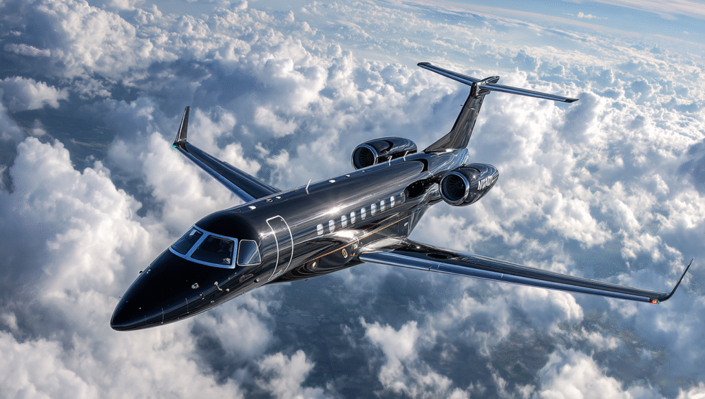 A sleek black jet soaring high in the sky adorned with intric 0ec9334b ed44 4d6f a816 2f2d62c7c9df 0