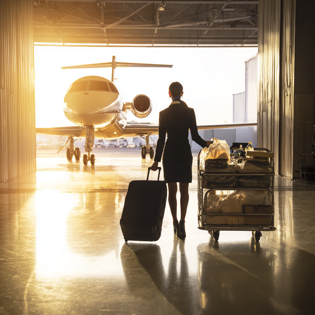 Rear view of a corporate flight attendant walking away from t 9572bc78 d09f 4740 bd01 8785f54f2ff6 0