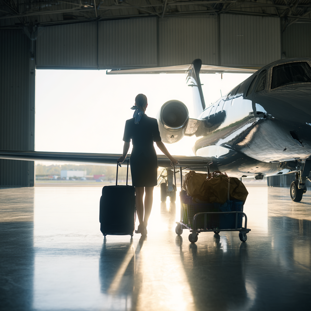 Rear view of a corporate flight attendant walking away from t 9572bc78 d09f 4740 bd01 8785f54f2ff6 1