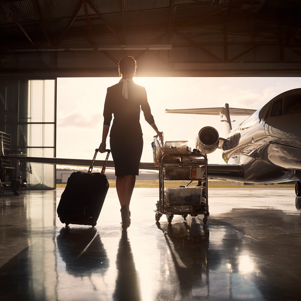 Rear view of a corporate flight attendant walking away from t 9572bc78 d09f 4740 bd01 8785f54f2ff6 2