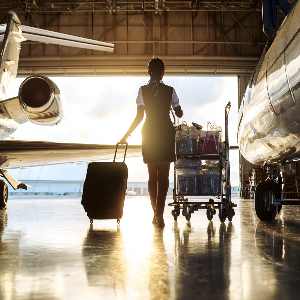 Rear view of a corporate flight attendant walking away from t 9572bc78 d09f 4740 bd01 8785f54f2ff6 3