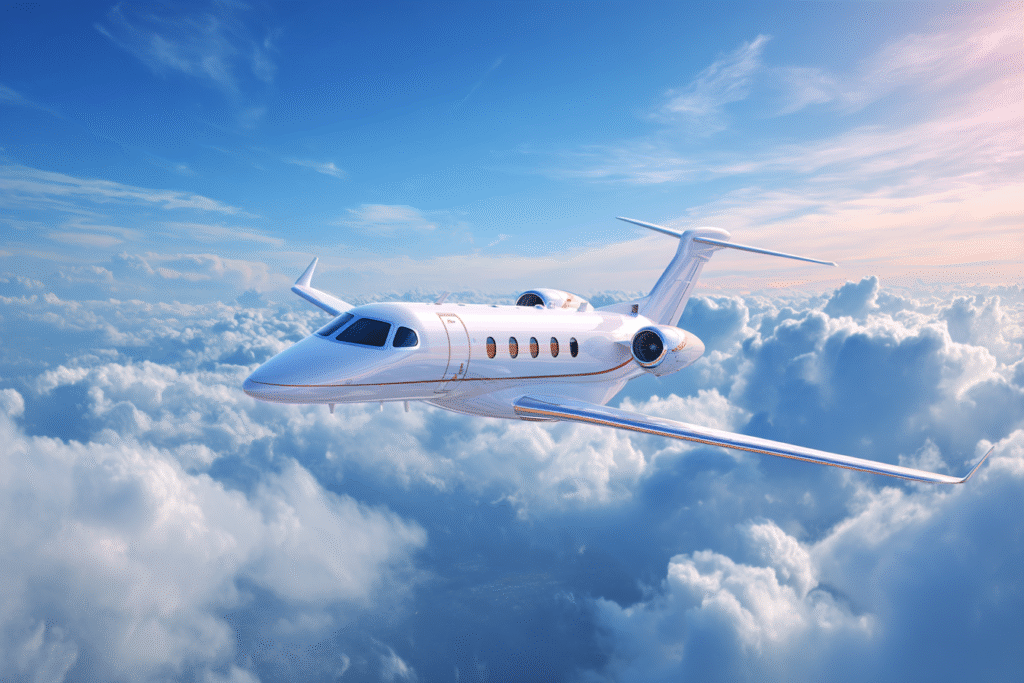 Side view of a private jet flying in the sky with a blue back a977699d b664 4bd9 b098 2d731daf8a4b 0