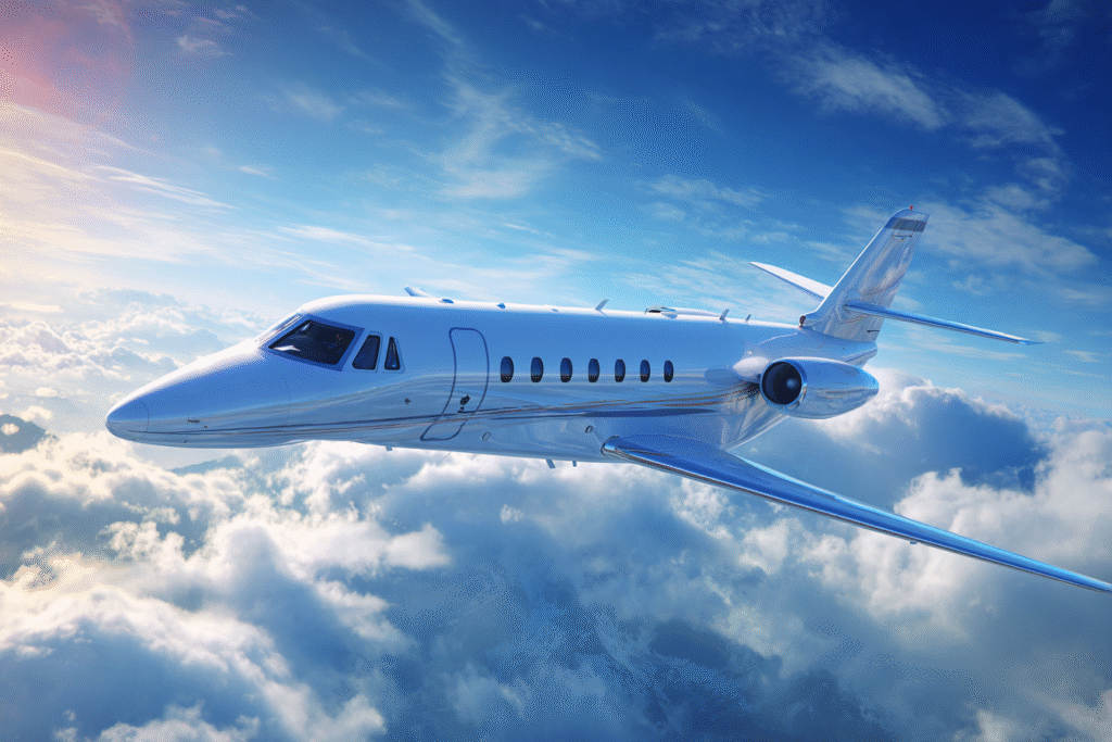 Side view of a private jet flying in the sky with a blue back a977699d b664 4bd9 b098 2d731daf8a4b 1