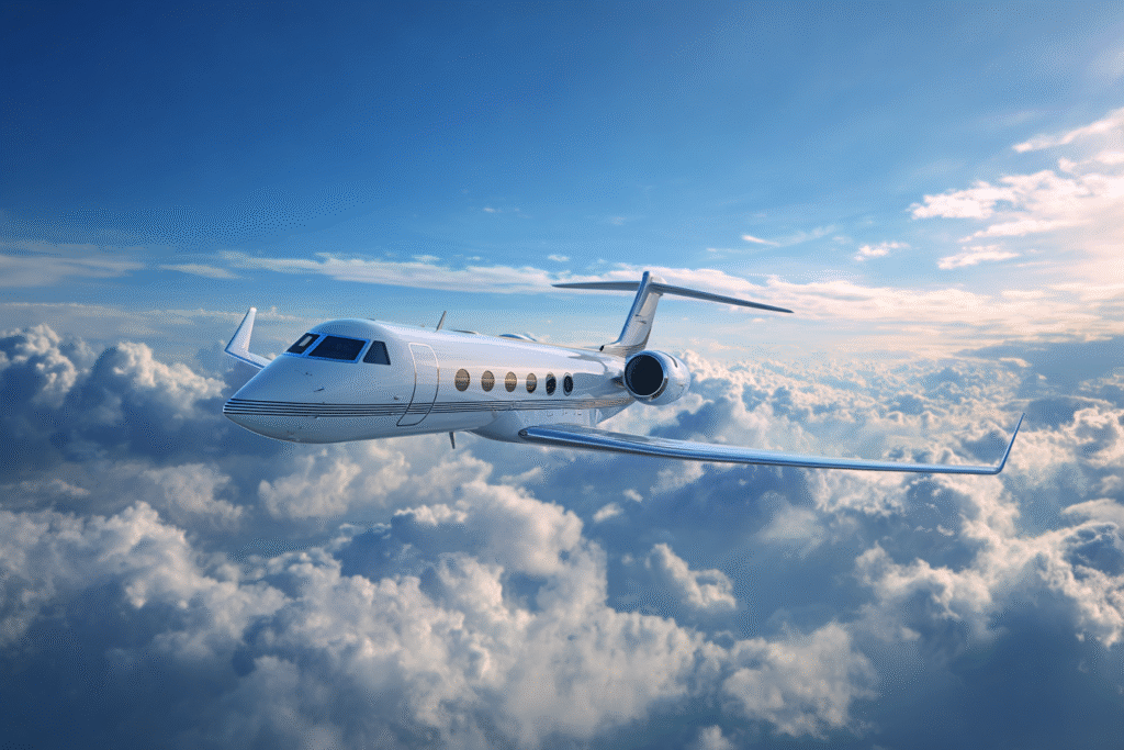 Side view of a private jet flying in the sky with a blue back a977699d b664 4bd9 b098 2d731daf8a4b 2