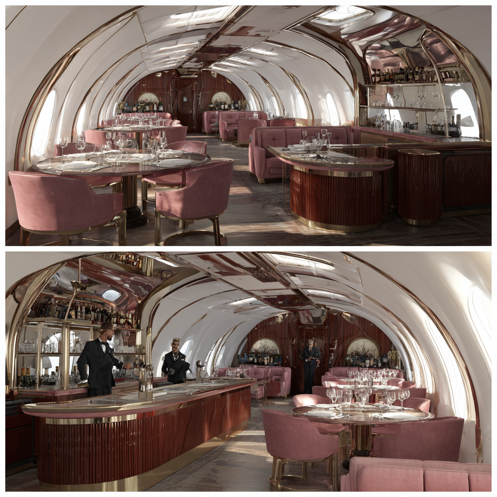 a luxurious palace kind of restaurant in a private jet. With 7cedb325 c185 4704 b047 28261f88cb15 3