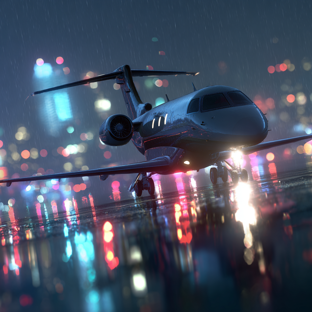 a luxurious private jet landing on a rain soaked runway at mi 4a70bdbd d487 4bf6 858f 0ba84f159f60 2
