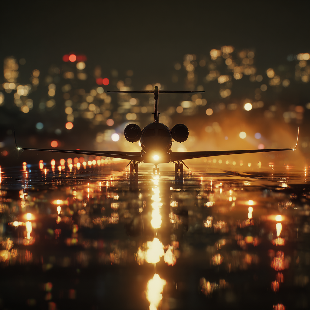 a luxurious private jet landing on a rain soaked runway at mi 4a70bdbd d487 4bf6 858f 0ba84f159f60 3