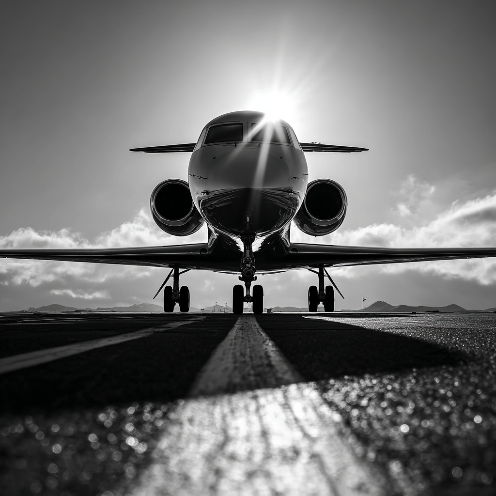 a private jet standing on the runway in bright summer sun in a1b7a3ac 5e9a 4970 967d b4ad9ced695e 0