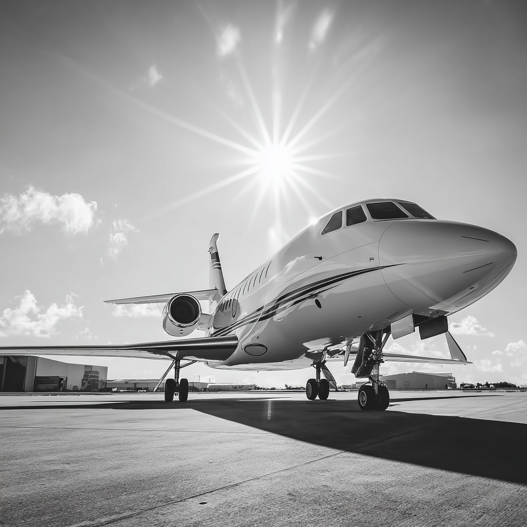 a private jet standing on the runway in bright summer sun in a1b7a3ac 5e9a 4970 967d b4ad9ced695e 1