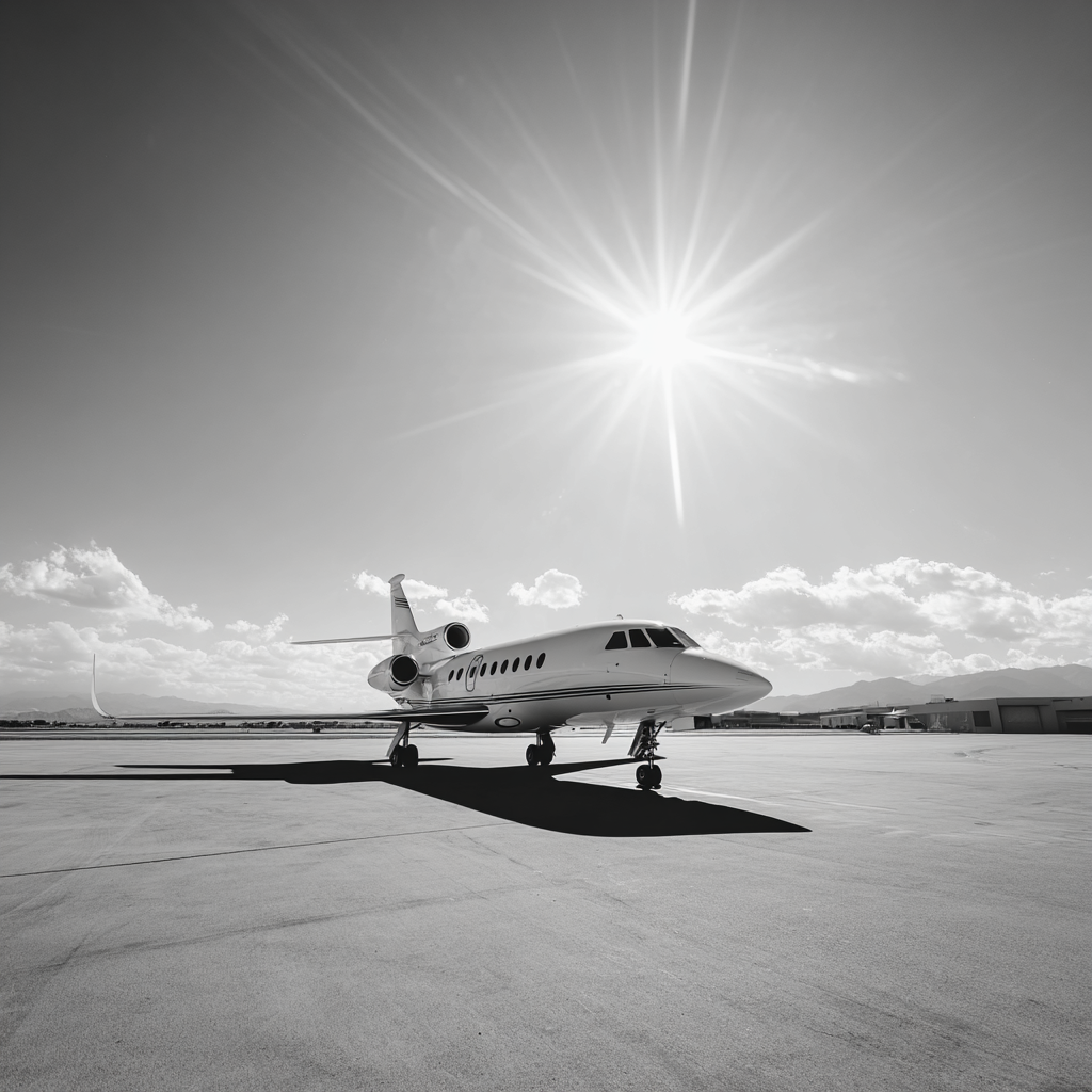 a private jet standing on the runway in bright summer sun in a1b7a3ac 5e9a 4970 967d b4ad9ced695e 2