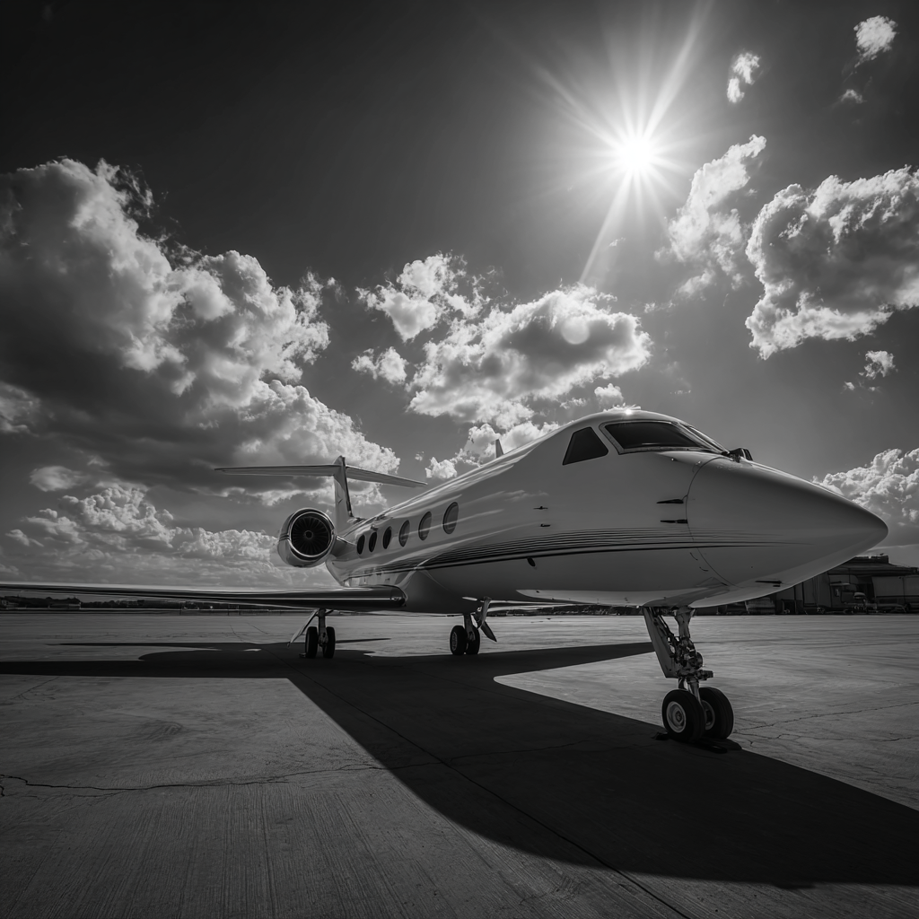 a private jet standing on the runway in bright summer sun in a1b7a3ac 5e9a 4970 967d b4ad9ced695e 3