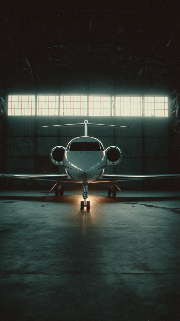 a wide cinematic view of a private jet inside a dimly lit han 4534040f e311 4956 add9 7ff8b6bbe0df 0