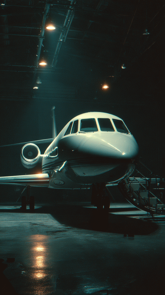 a wide cinematic view of a private jet inside a dimly lit han 4534040f e311 4956 add9 7ff8b6bbe0df 1