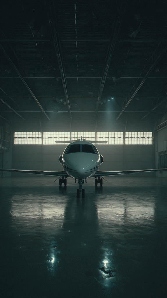 a wide cinematic view of a private jet inside a dimly lit han 4534040f e311 4956 add9 7ff8b6bbe0df 2